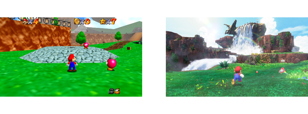 A picture showing both Super Mario 64, and Super Mario Odyssey.