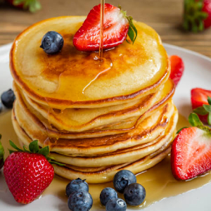 Photo of a stack of pancakes, with syrup pouring on them